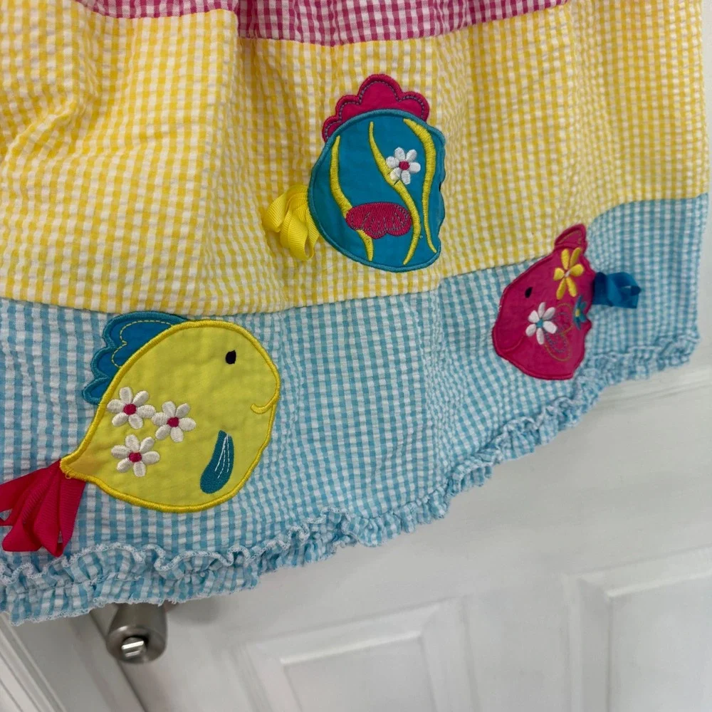 Rare Edition Girls Gingham Seersucker Fish Applique Tiered Dress Multicolor Sz 5